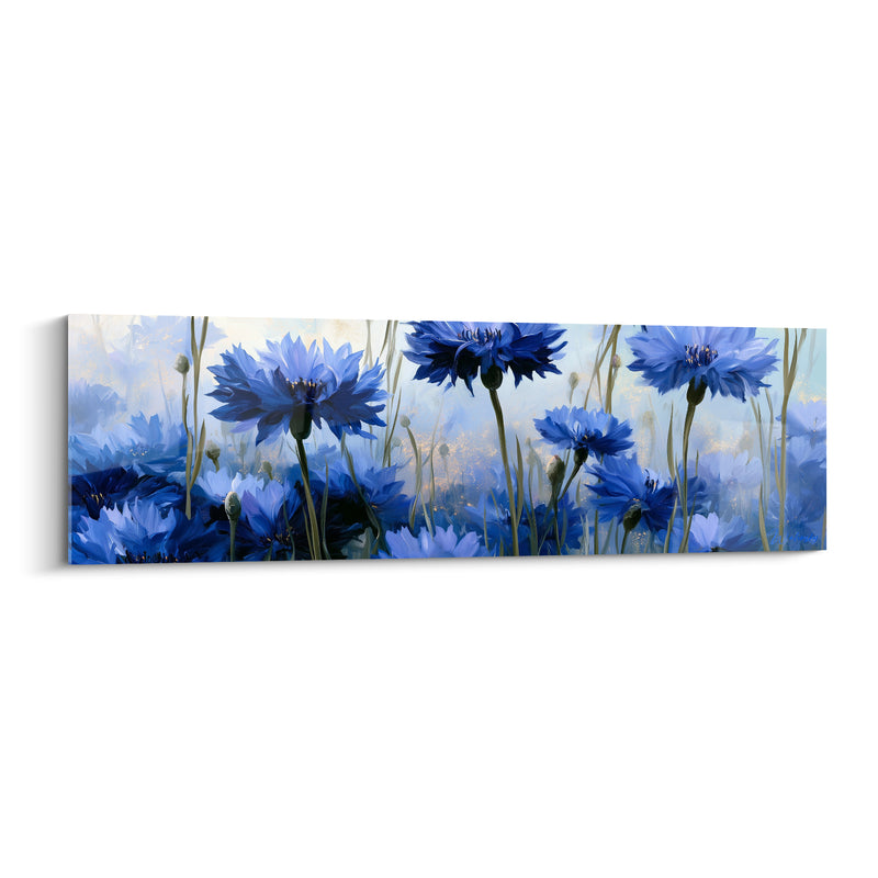 Tableau Bleuets bleu marine et vert pâle aux longues tiges dressées - Rangée haute panoramique - Edition Bleuet