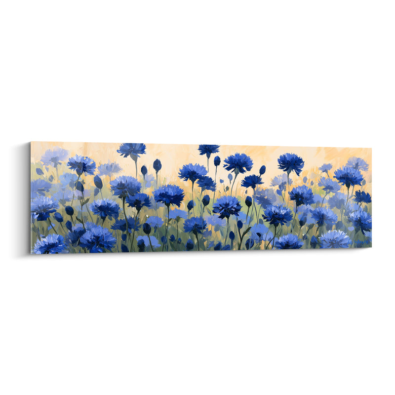 Tableau Champ de bleuets bleu et pêche aux boutons pointus - Rangée horizontale panoramique - Edition Bleuet