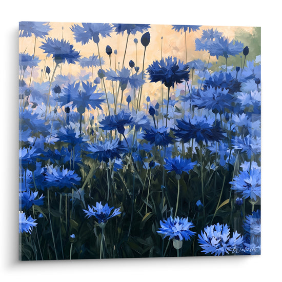 Bleuets bleu marine et doré peints en larges touches, champ dense sous lumière chaude du soir
