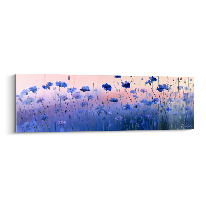 Tableau Champ de bleuets bleu et rose pâle en rangée horizontale - Ciel dégradé nuageux - Edition Bleuet