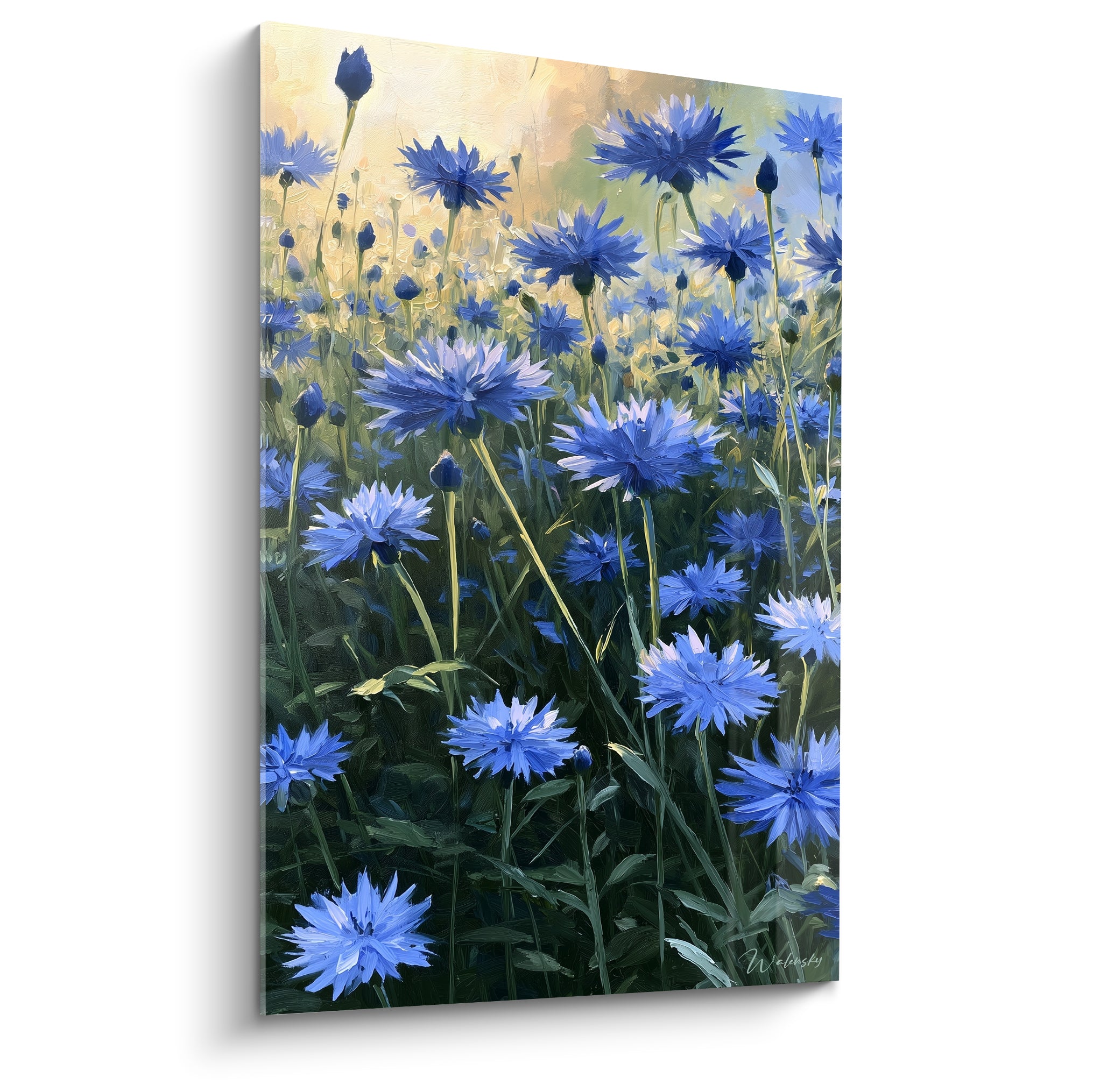 Bleuets bleu azur et bleu lavande en gros bouquet sur fond doré flou, touches picturales épaisses
