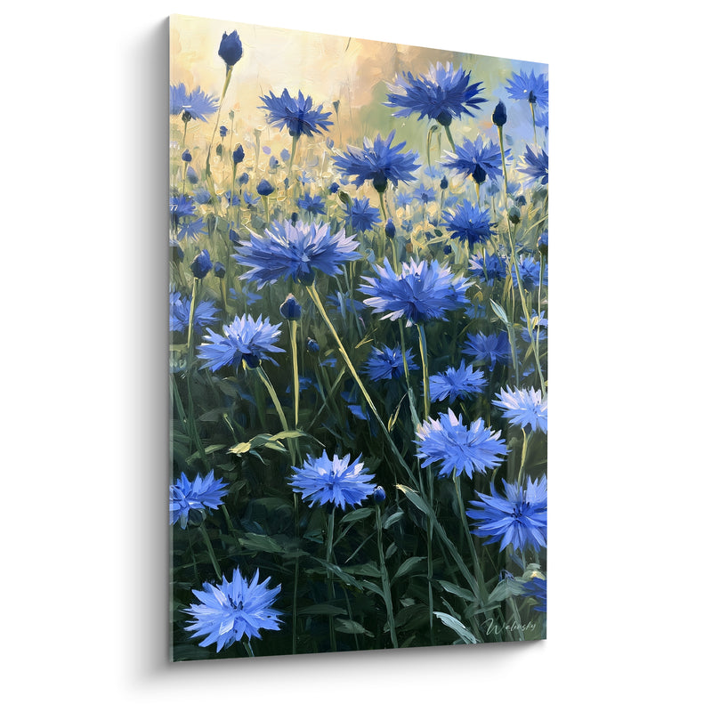 Tableau Champ de bleuets bleu et jaune vu d'en bas - Contre-jour doré - Edition Bleuet