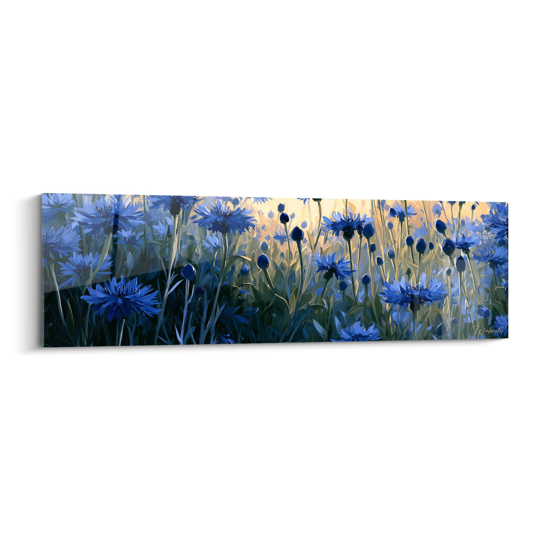Bleuets bleu marine et dorés en pleine floraison, tableau panoramique aux touches picturales larges
