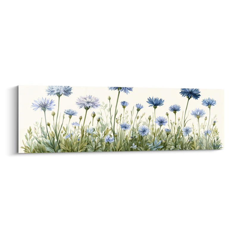 Tableau Bleuets bleu pâle et vert tendre en rangée dégagée - Silhouettes ombrées légères - Edition Bleuet