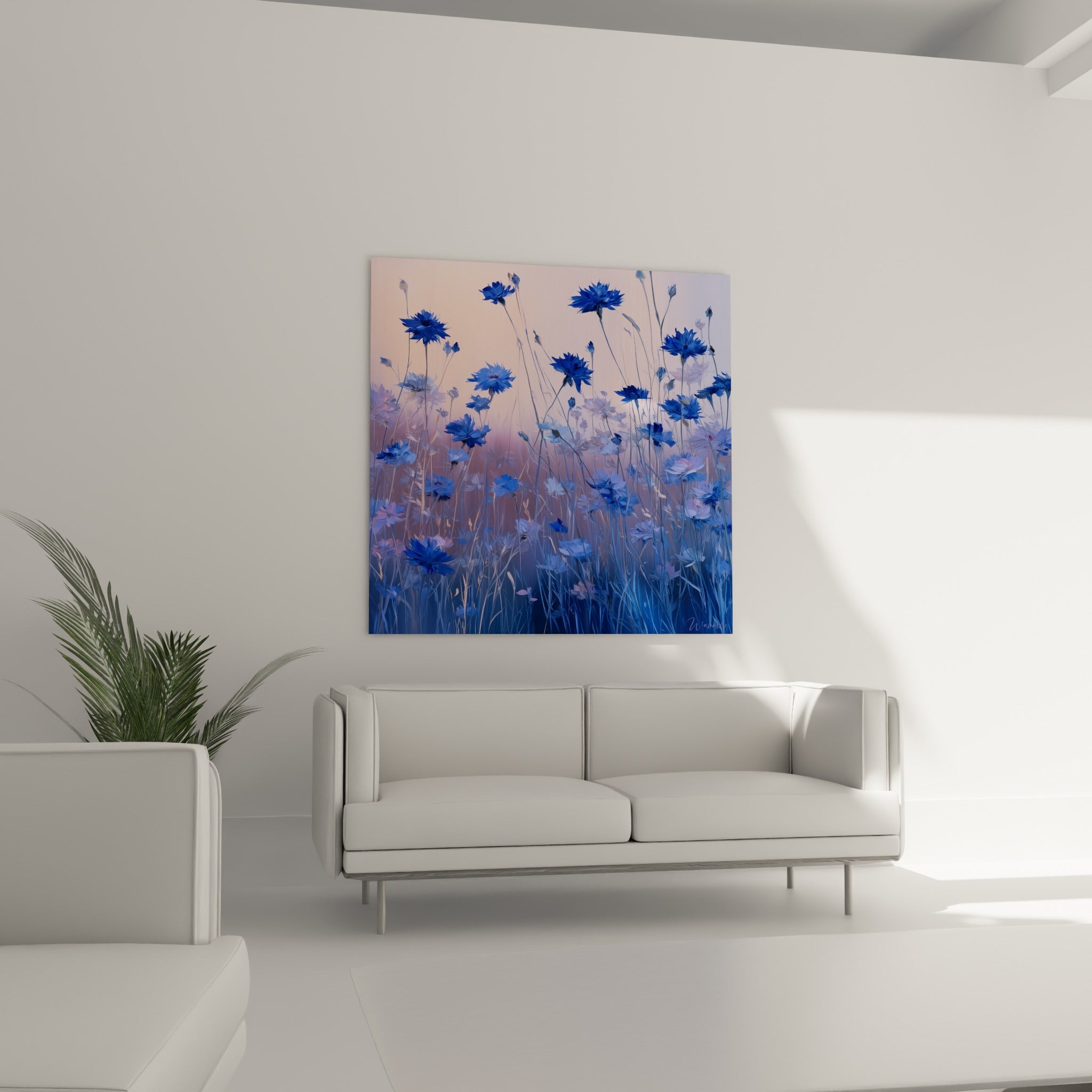 Corolles de bleuet bleu marine et blanc cassé installées au-dessus d'un canapé dans un salon lumineux