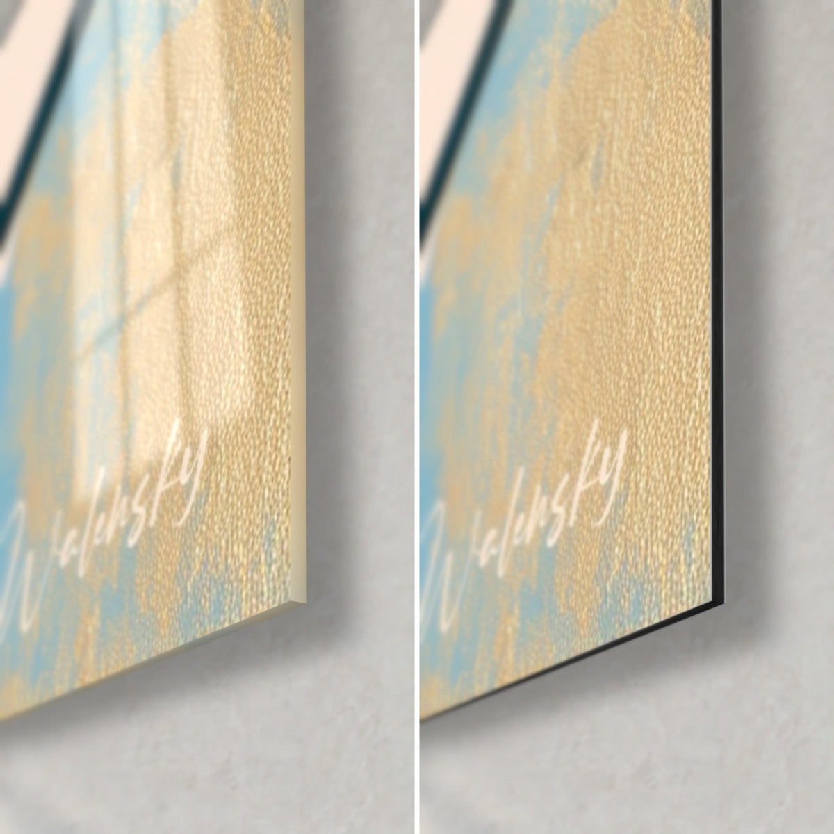 Schilderij met een korenbloemboeket, rechterbenedenhoek: glanzend goud en turquoise, witte handtekening, zwarte rand van 3 mm