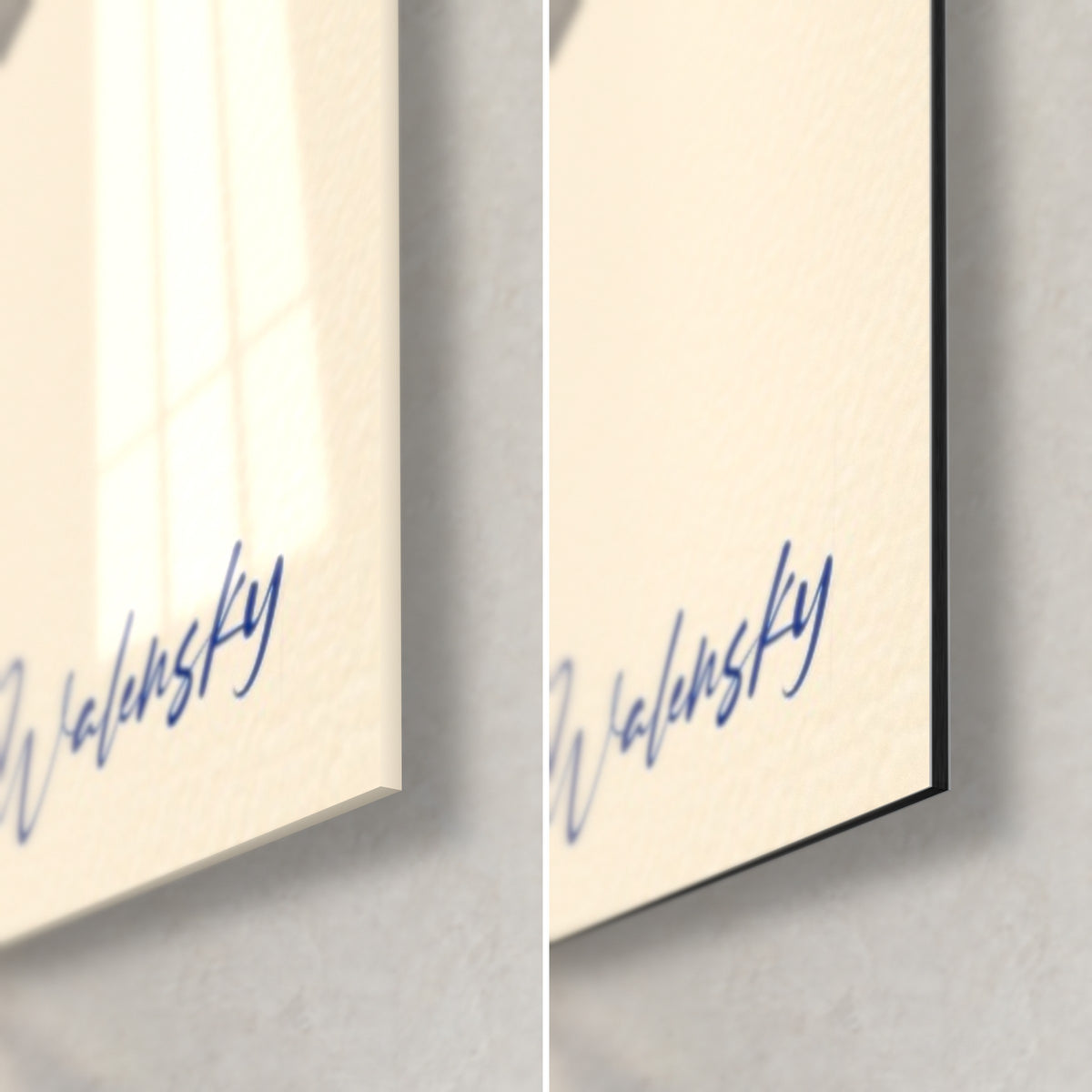 Schilderij van een bloeiende stengel, handtekening Walensky in nachtblauw op ivoor, rechtsonder: glanzend acrylglas en mat zwart Dibond-aluminium