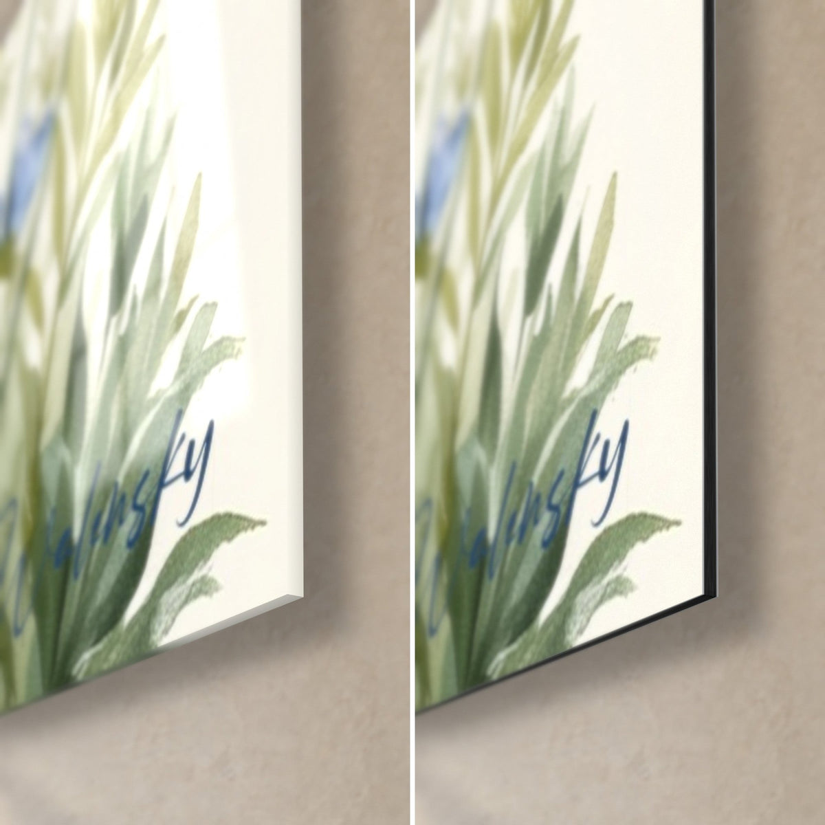 Tableau fleurs des champs bleu pâle et vert tendre, coin bas droit, verre acrylique brillant et alu Dibond mat, tranche 3 mm