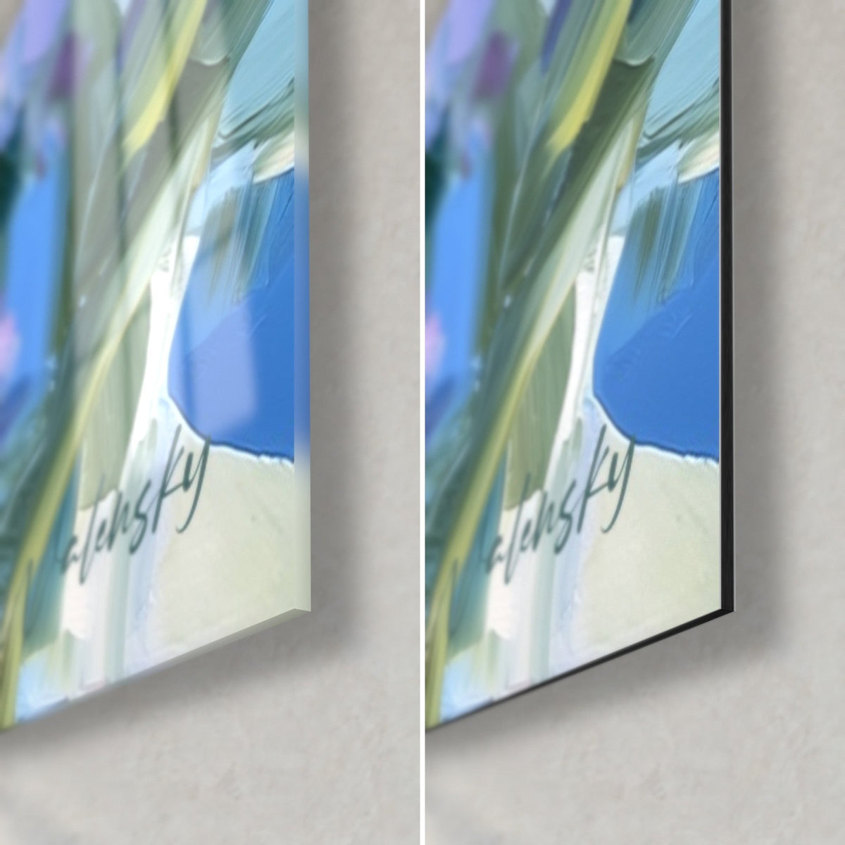 Schilderij korenbloemen in dikke penseelstreken, rechtsonder: glanzend glas links, mat zwart Dibond rechts, rand van 3 mm