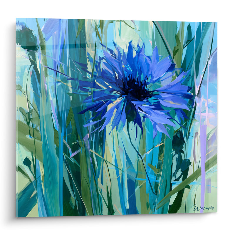 Tableau Bleuet éclatant parmi hautes herbes vertes - Souffle des champs - Edition Bleuet