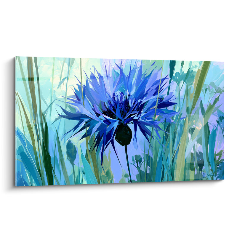 Tableau Bleuet aux pétales bleu roi et vert menthe - Souffle champêtre - Edition Bleuet
