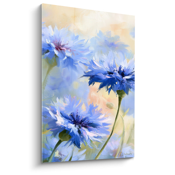 Cuadro de Gazanias Azul y Melocotón con Pétalos Deshilachados - Fondo Difuminado Pastel - Edición Gazania