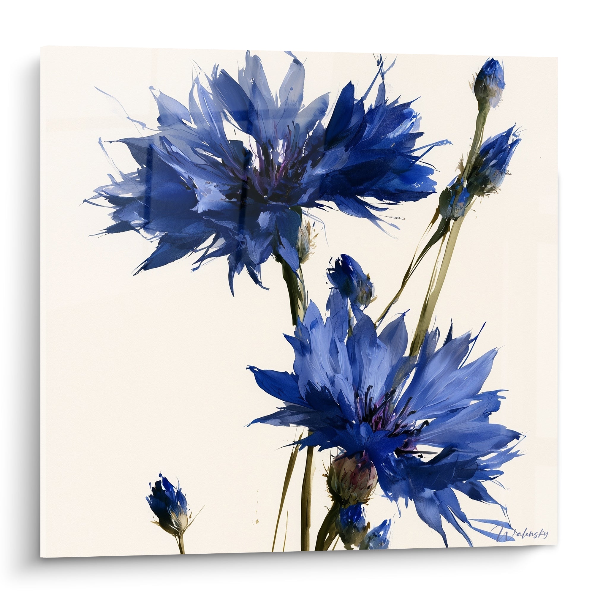 Bleuets bleu indigo aux pétales effilés peints avec des touches vives sur fond crème lumineux
