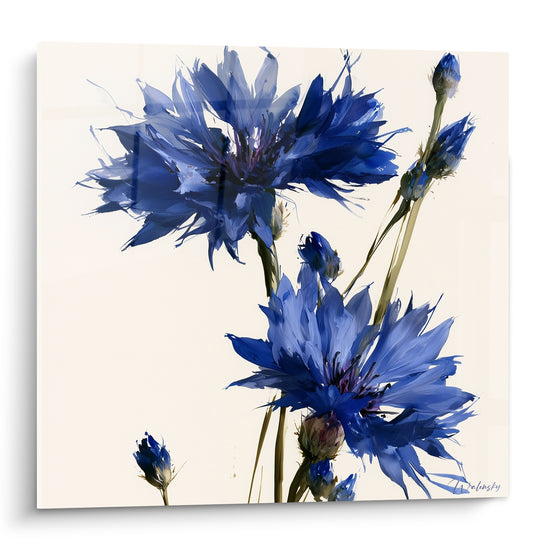 Bleuets bleu indigo aux pétales effilés peints avec des touches vives sur fond crème lumineux