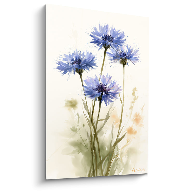 Tableau Bleuets bleu et ivoire aux quatre têtes ouvertes - Ombres pastel diffuses - Edition Bleuet