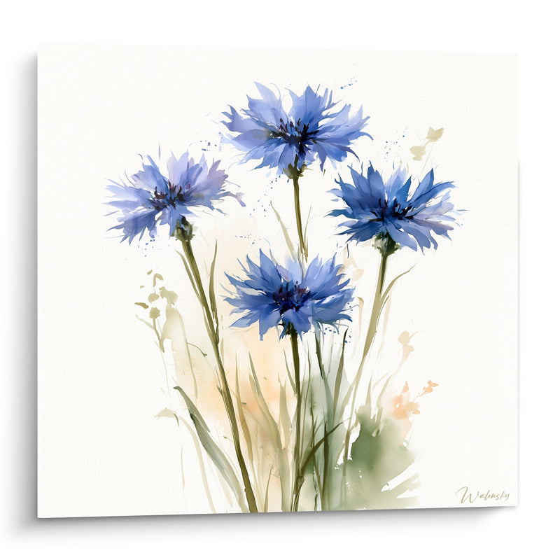 Tableau Bleuets bleu et blanc aux tiges hautes - Aquarelle légère éclaboussée - Edition Bleuet