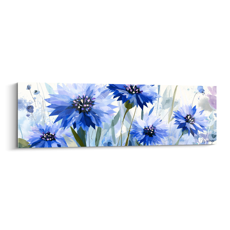 Tableau Bleuets bleu et blanc aux pétales anguleux - Éclaboussures violettes en arrière-plan - Edition Bleuet