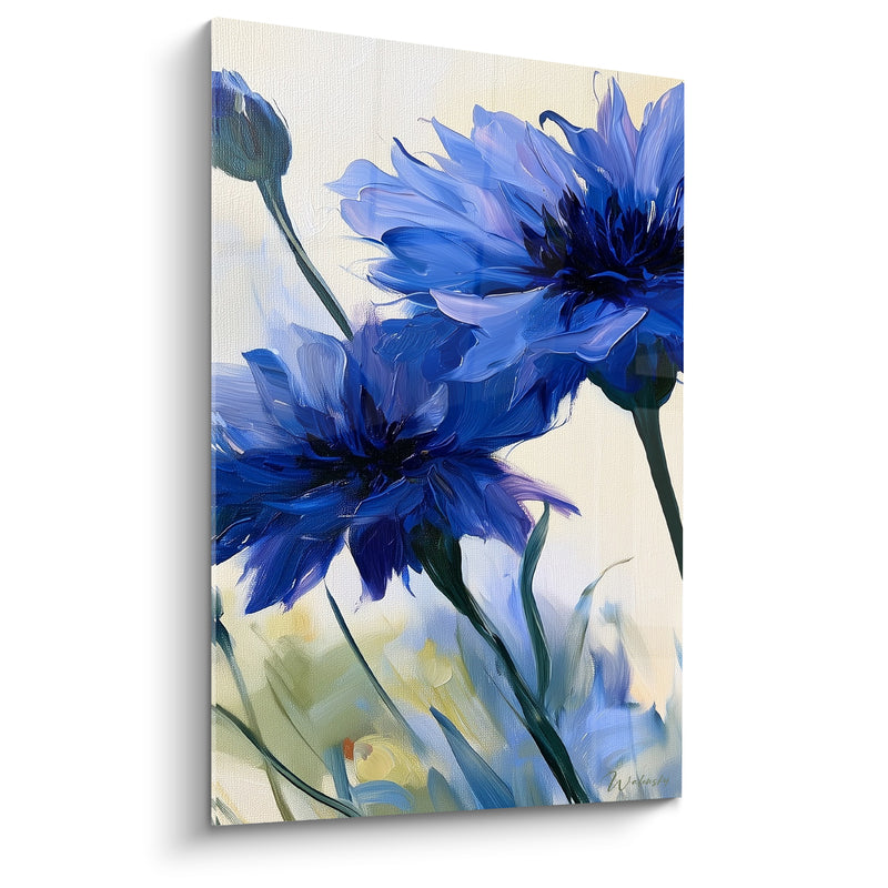 Tableau Bleuets bleu et ivoire aux boutons dressés - Coup de pinceau empâté - Edition Bleuet