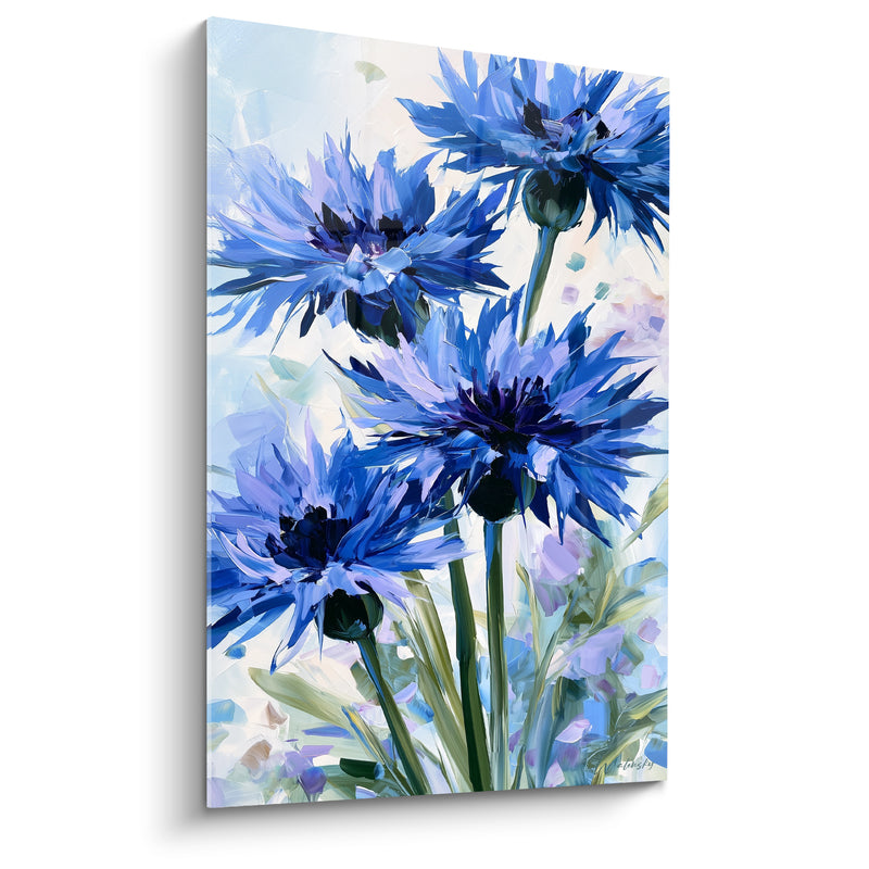 Tableau Bleuets bleu et vert aux pétales déchiquetés - Touches de peinture épaisses - Edition Bleuet
