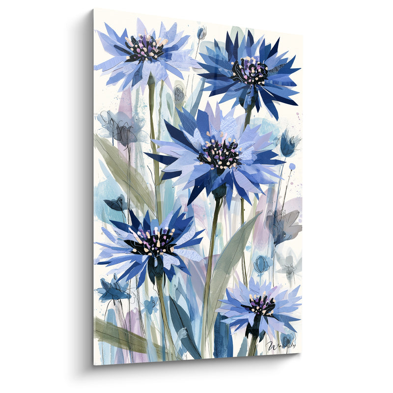 Tableau Bleuets bleu et ivoire aux cœurs mouchetés violets - Esquisses au crayon - Edition Bleuet