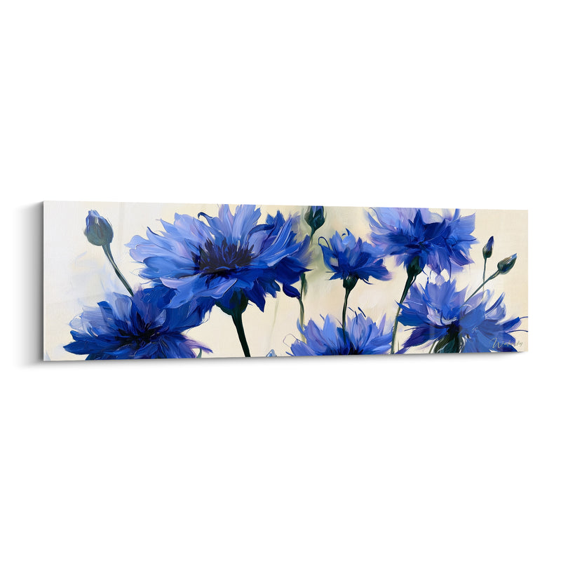 Tableau Bleuets bleu et ivoire aux boutons fermés - Rangée de tiges élancées - Edition Bleuet