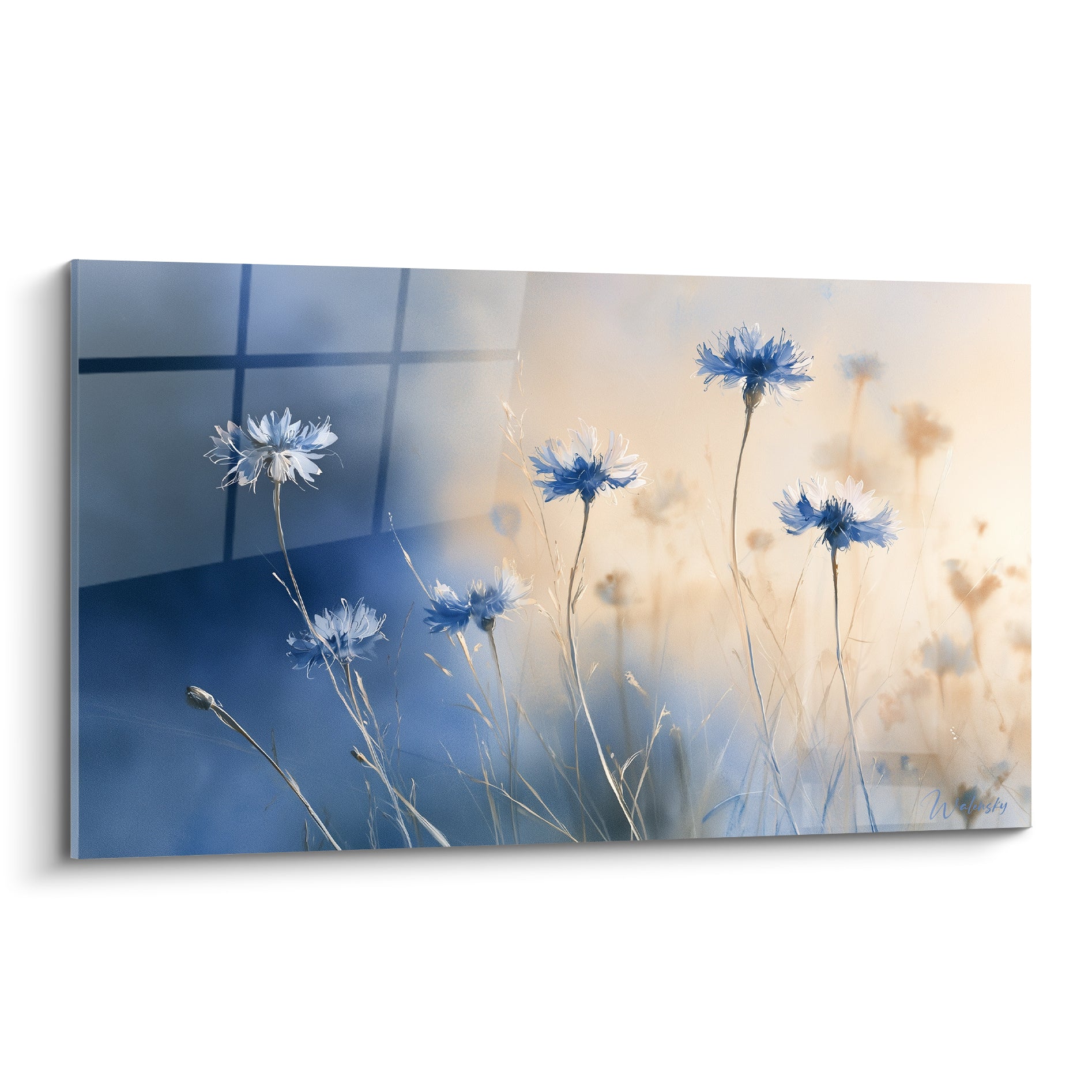 Bleuets bleu marine et blanc peints en touches fines sur fond ocre lumineux et diffus