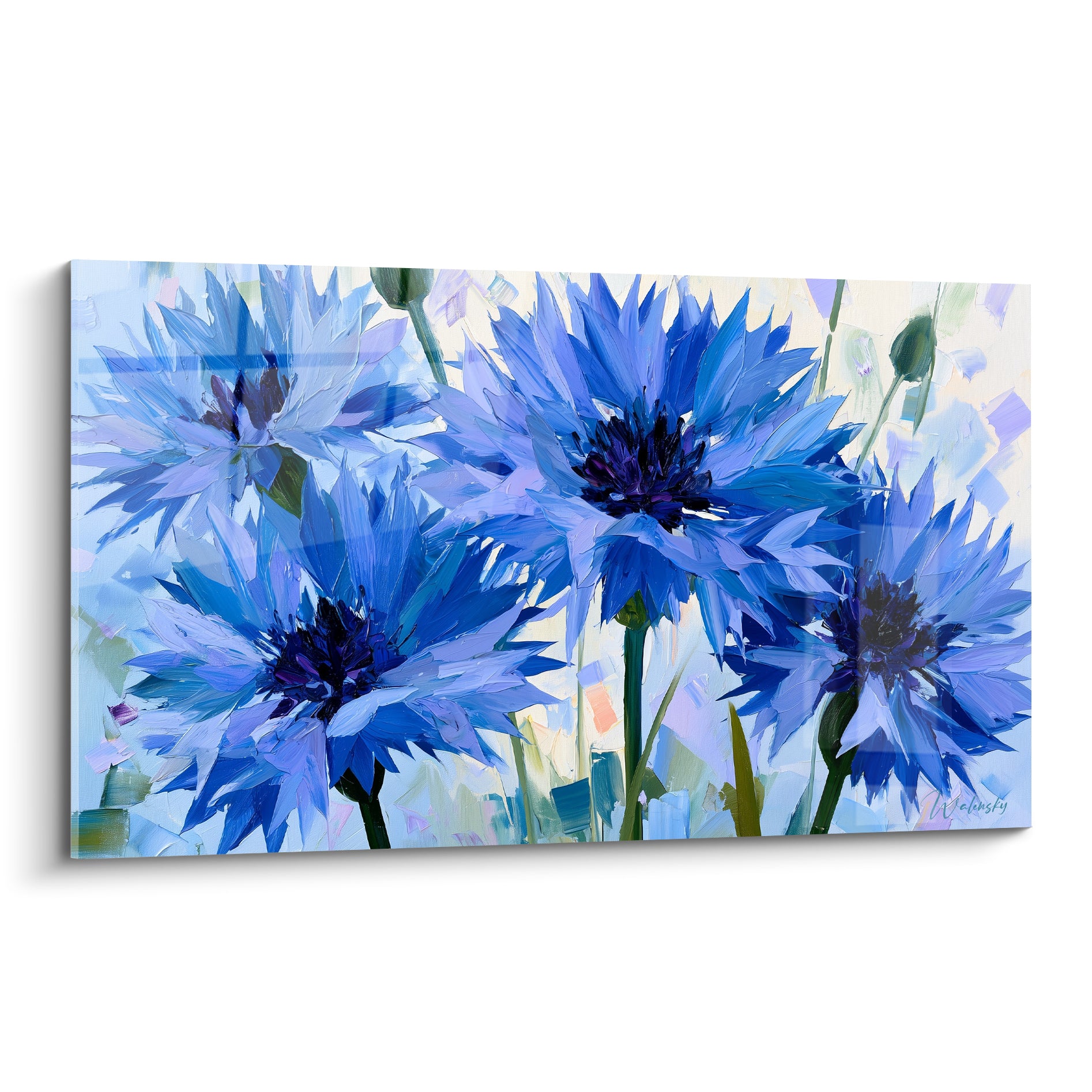 Bleuets bleu marine et blanc aux pétales déchiquetés peints à la spatule sur fond clair