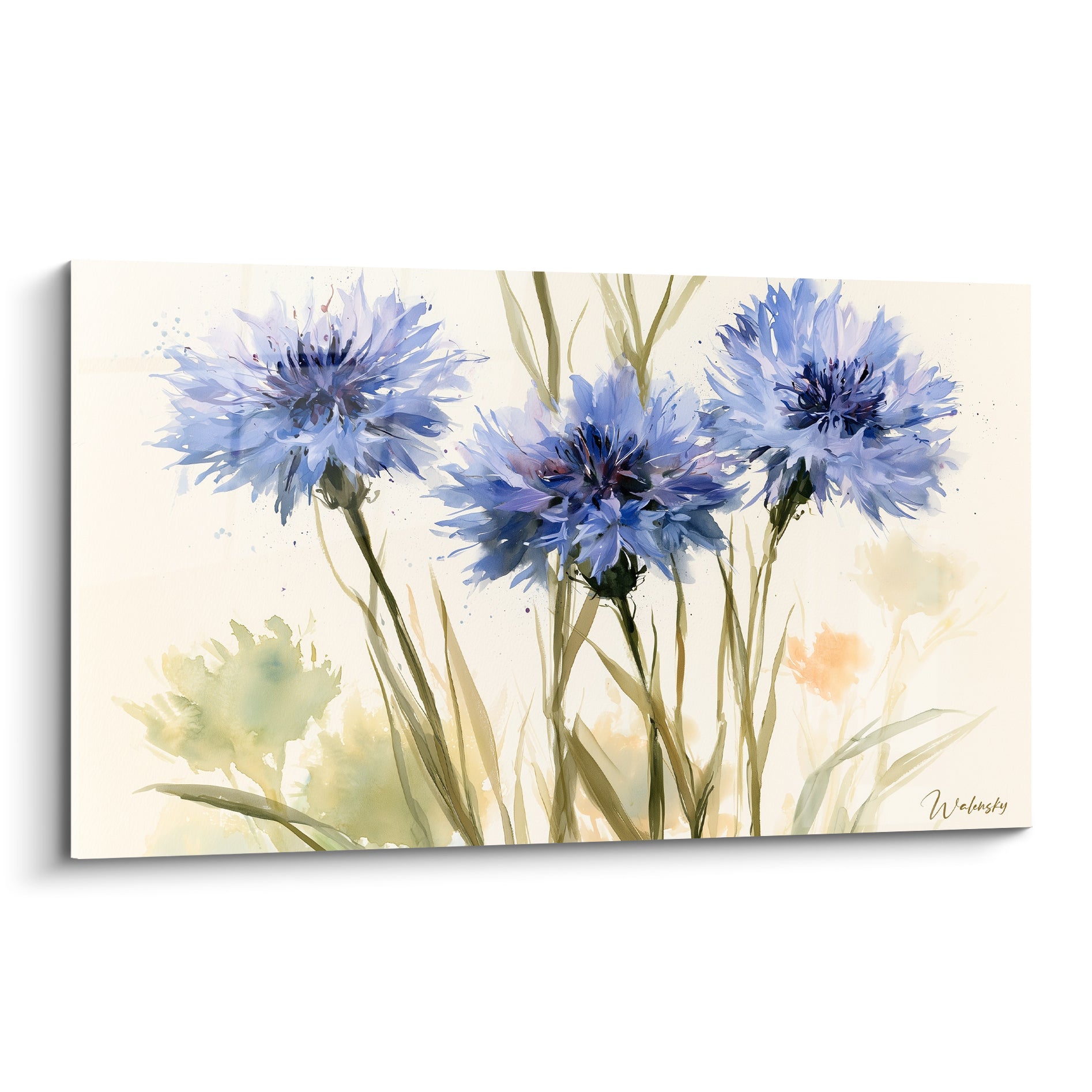 Bleuets bleu pastel et vert sauge peints à l'aquarelle sur fond ivoire lumineux