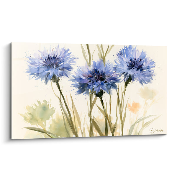 Cuadro de Amezuelas azul lavanda y fondo crema tres flores estalladas - Salpicaduras de acuarela vaporosas - Edición Amezuela