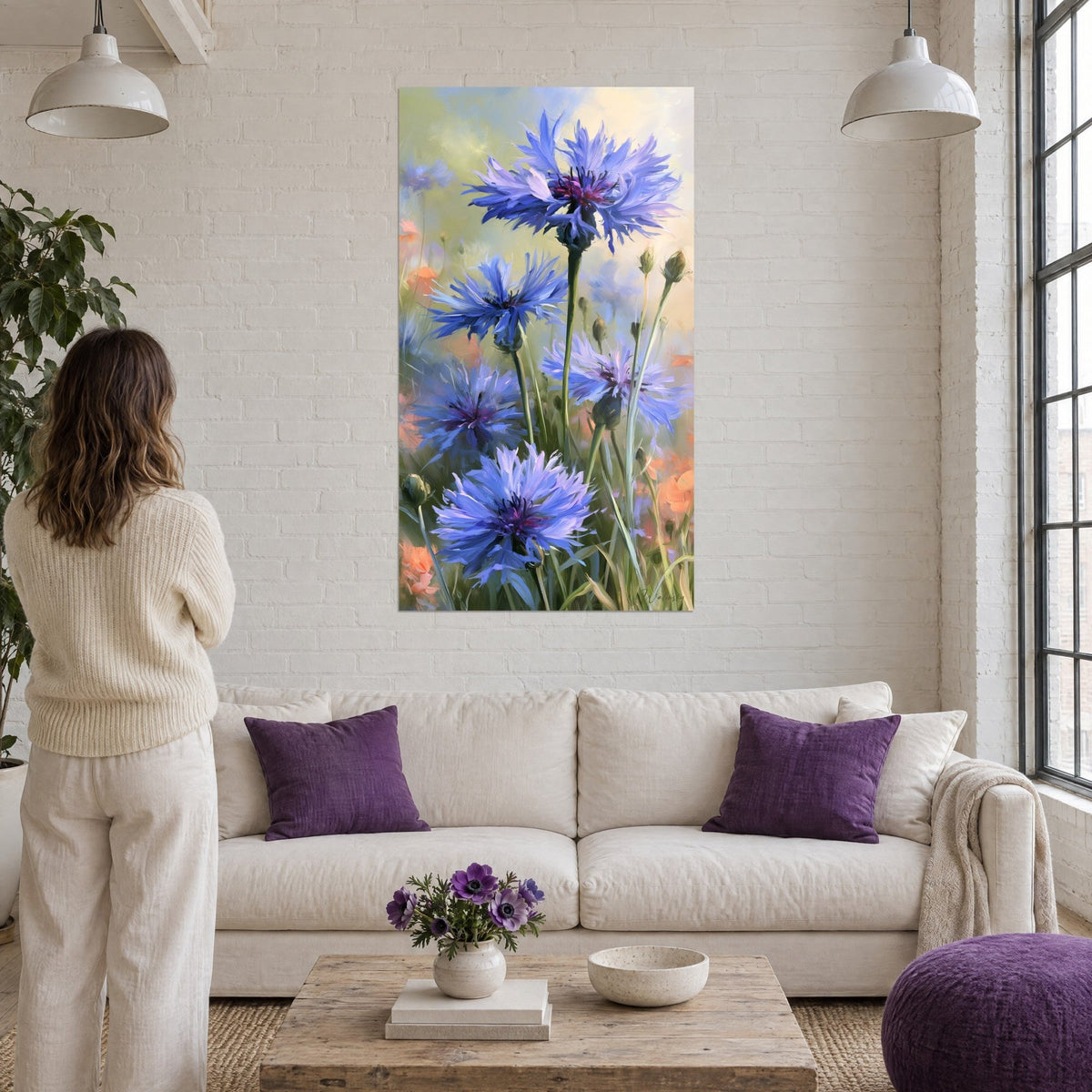 Tableau bleuets bleu violet et corail en champ fleuri, tiges vertes élancées, au-dessus d'un canapé dans un salon lumineux