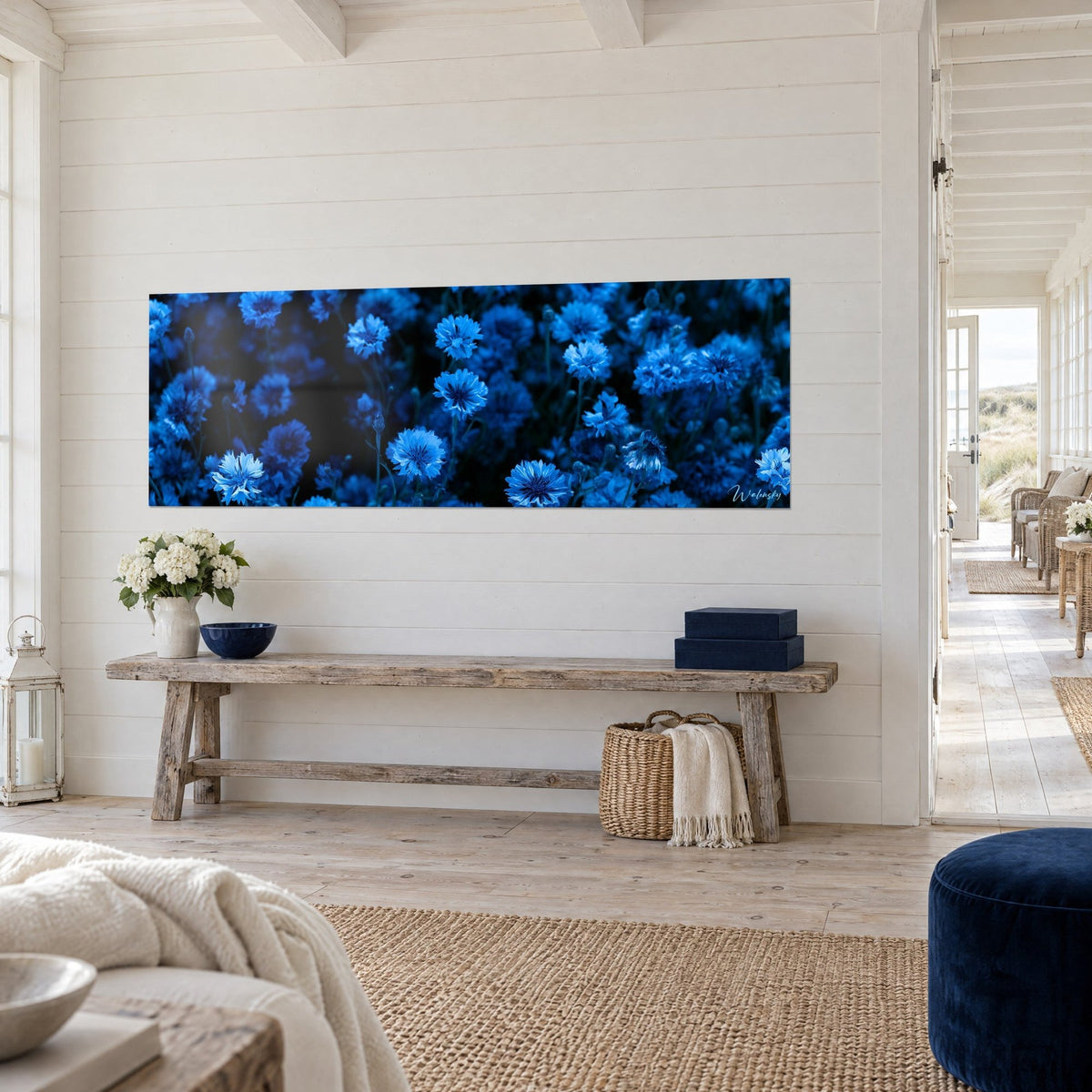 Quadro panoramico di fiordalisi azzurri e indaco, petali frangiati su fondo scuro, su una parete bianca sul mare