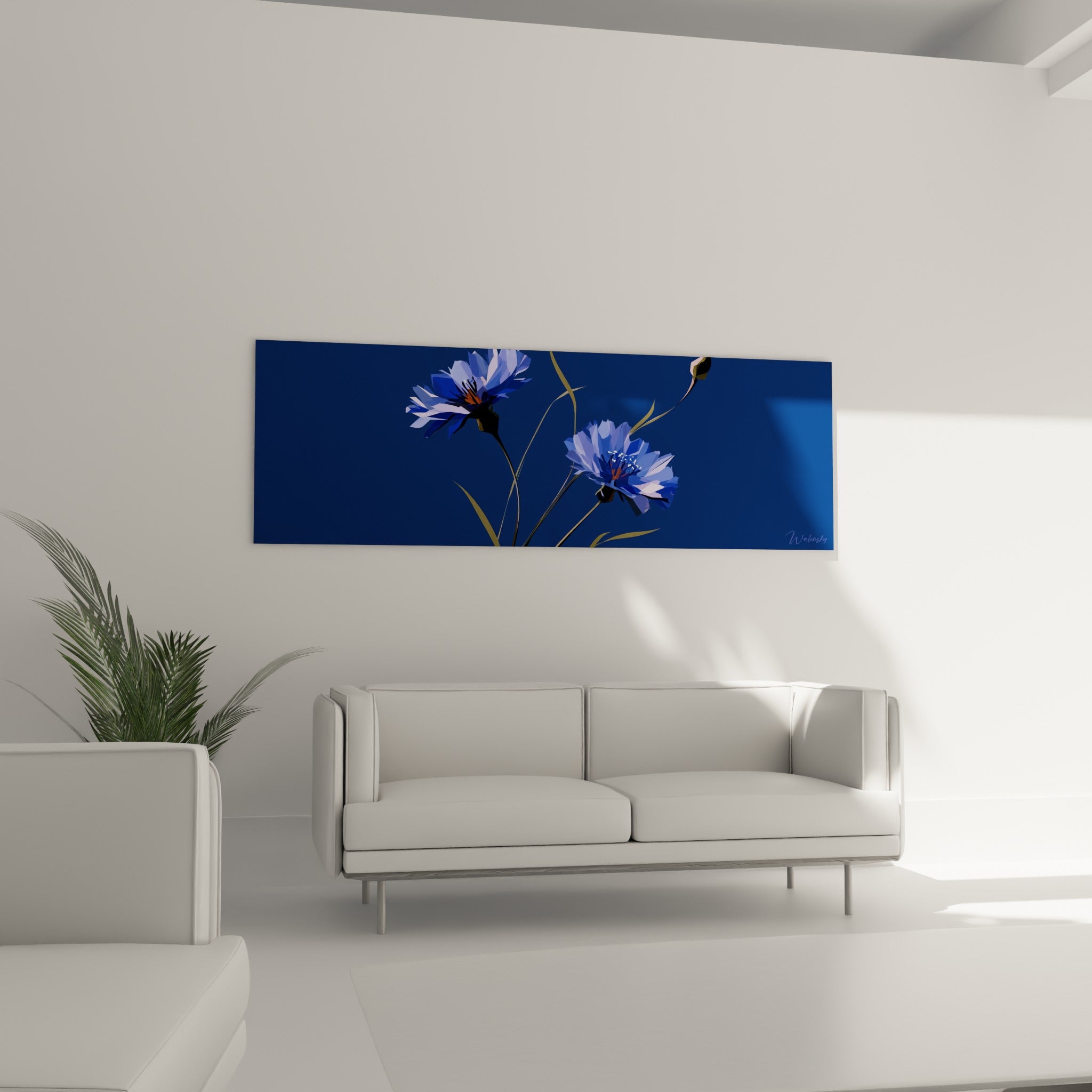 Bleuet illustré aux teintes mauve et orangé au-dessus d'un canapé dans un salon lumineux