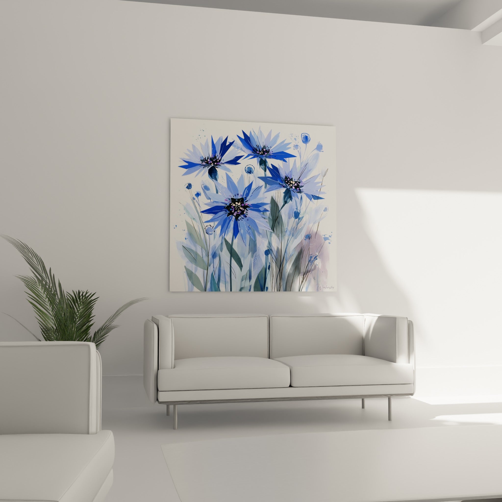 Bleuets aux tons bleu pastel et anthracite disposés au-dessus d'un canapé dans un salon lumineux