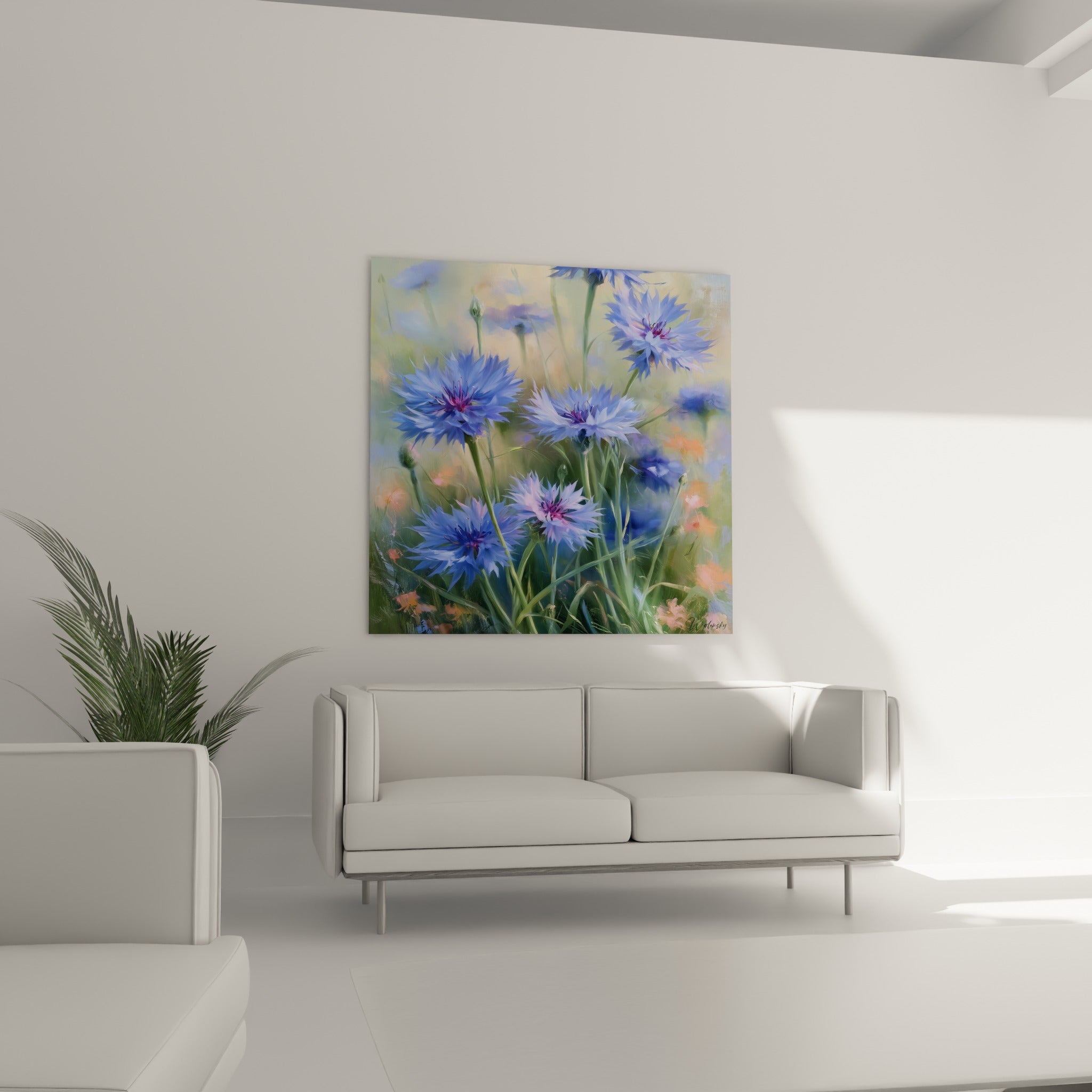 Fleurs de bleuet bleu pastel et corail au-dessus d'un canapé dans un salon lumineux