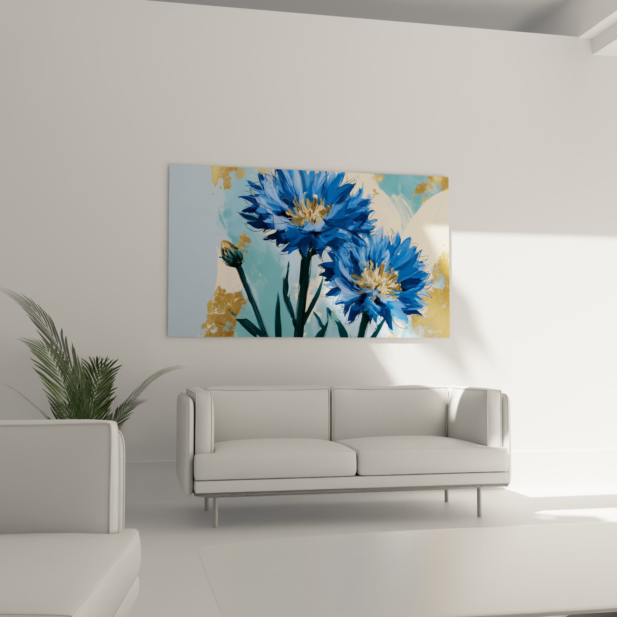 Bouquet de bleuets bleu roi et vert sauge au-dessus d'un canapé dans un salon lumineux