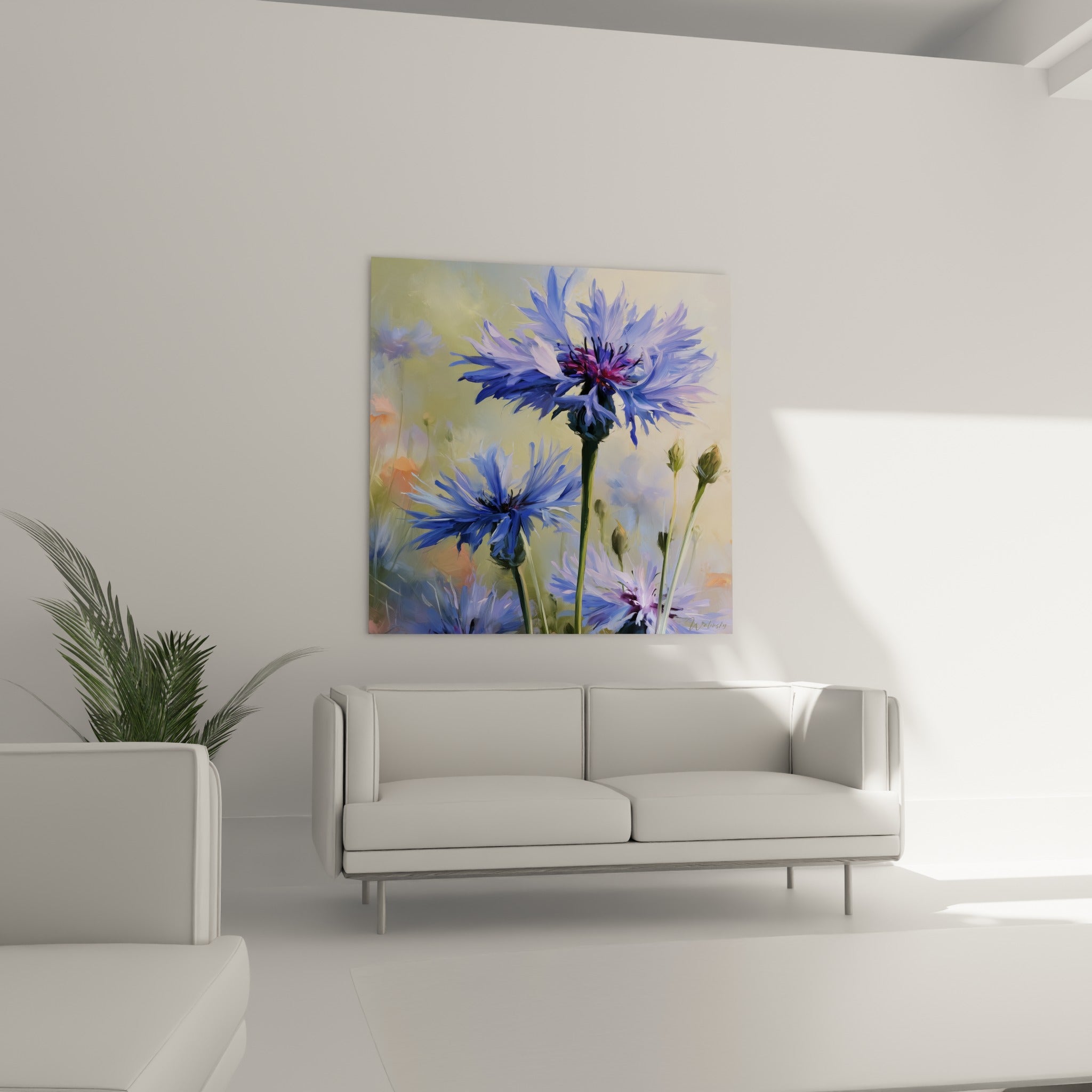 Bouquet de bleuets violets et verts accroché au-dessus d'un canapé dans un salon lumineux