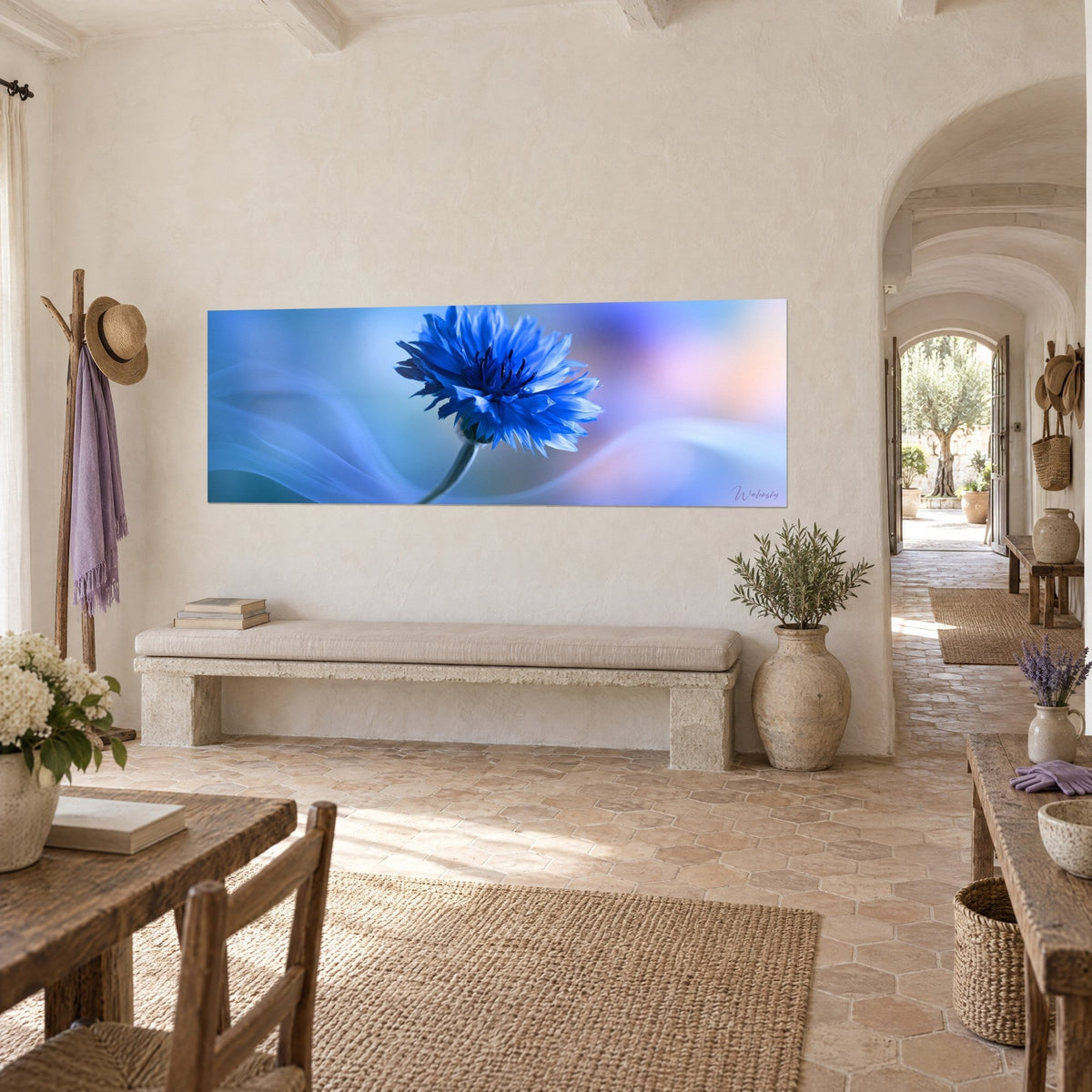 Tableau fleur de centaurée bleu cobalt au cœur indigo, rubans de voile azur, accroché dans un couloir voûté du mas