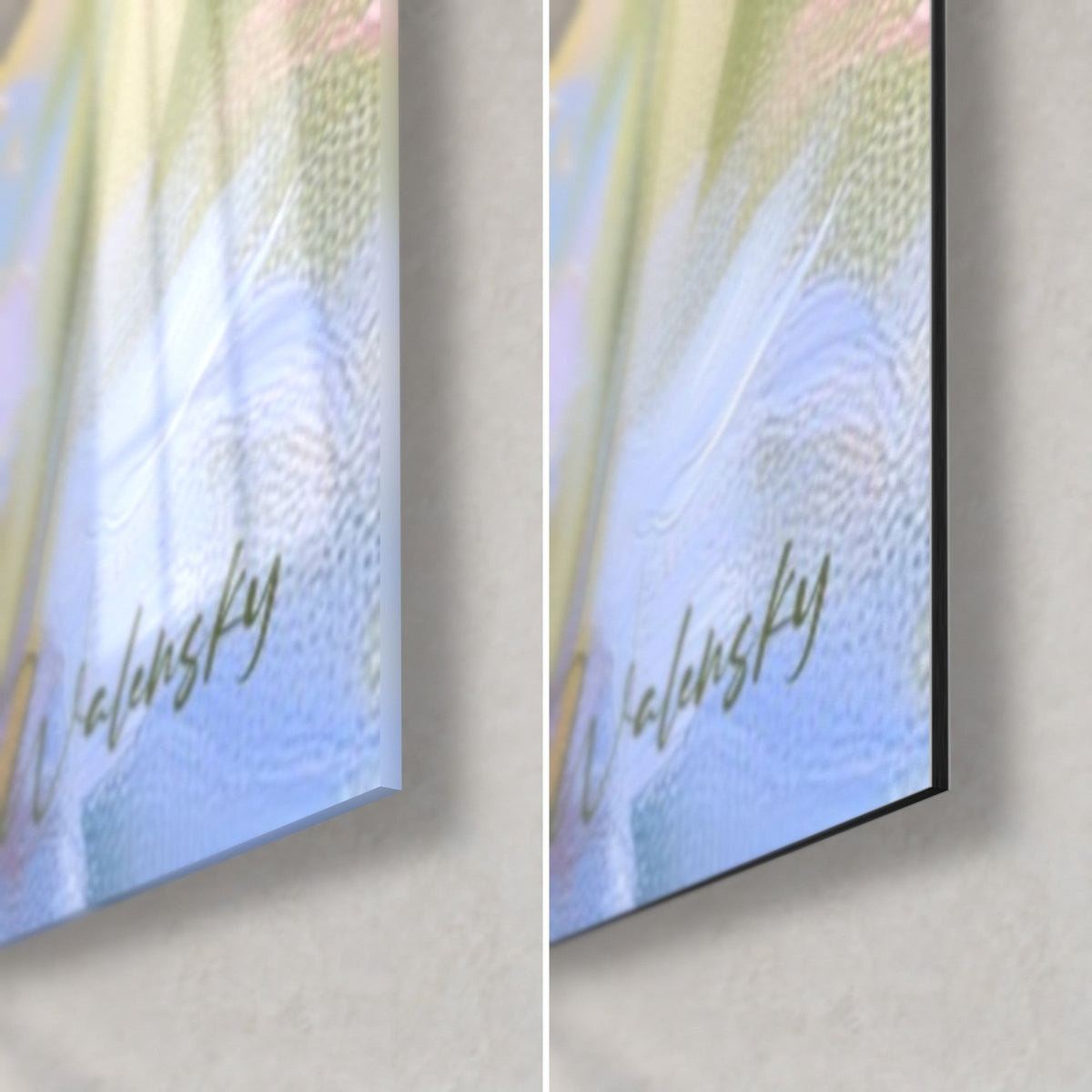 Wall art of cornflowers with cobalt blue and cream white petals, lower right corner, glossy glass on the left, matte Dibond on the right