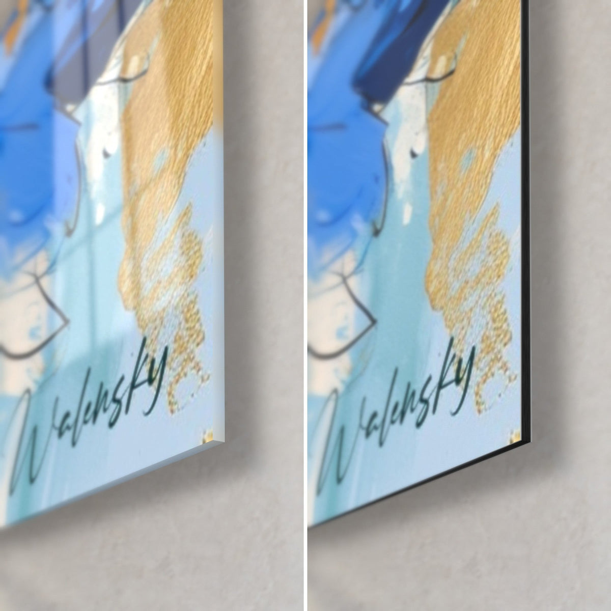 Tableau bleuets peints, coin bas droit : verre brillant à reflets et Dibond mat noir, trait doré et signature Walensky