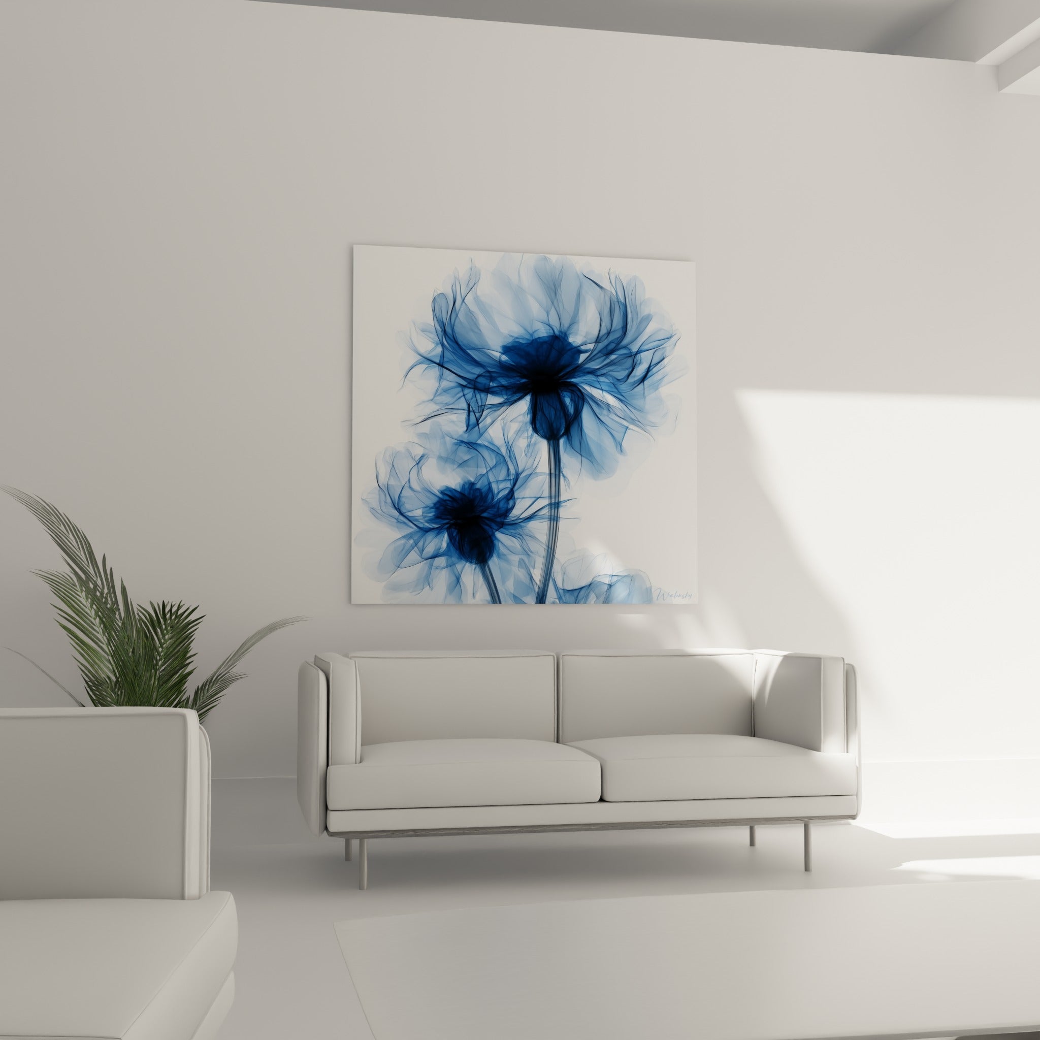 Corolle bleuet bleu pastel et marine, tiges entrecroisées, au-dessus d'un canapé dans un salon lumineux