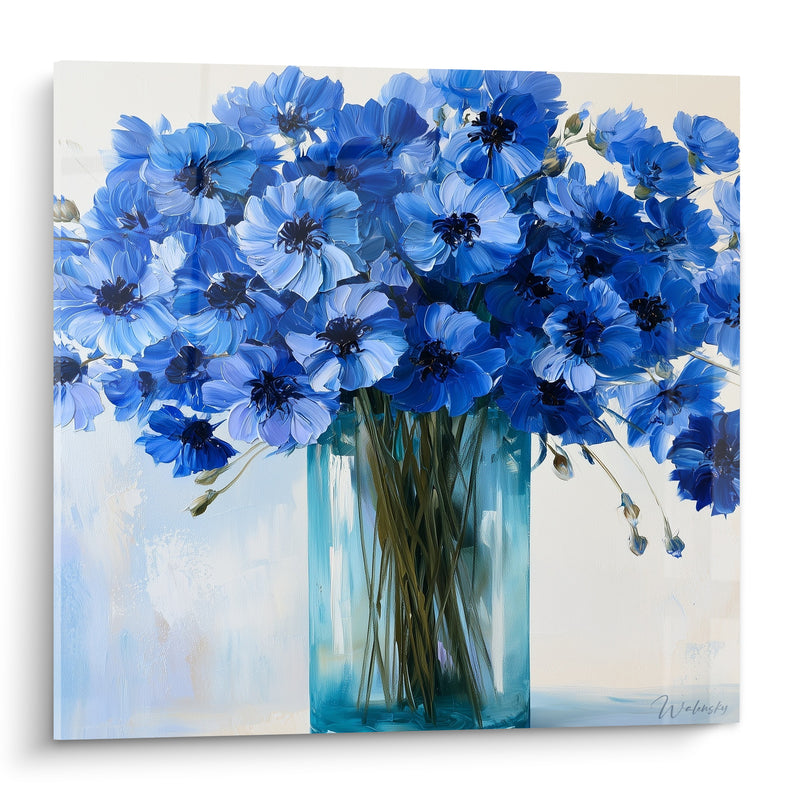 Tableau Bouquet de bleuets vase transparent - Fraîcheur matinale - Edition Bleuet