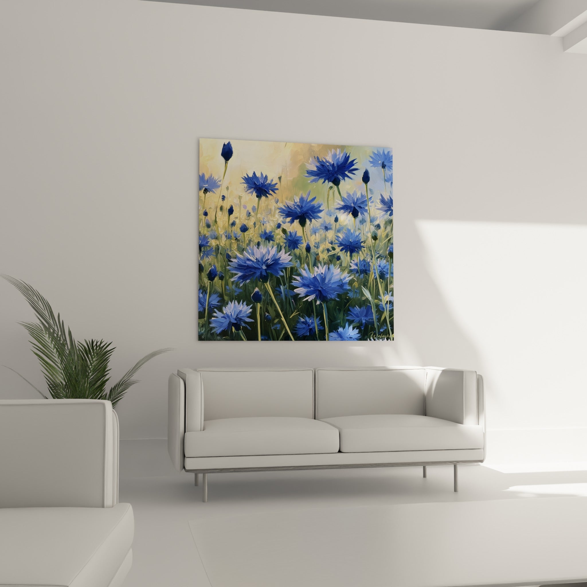 Champ de bleuets bleu lavande et vert olive accroché au-dessus d'un canapé dans un salon lumineux