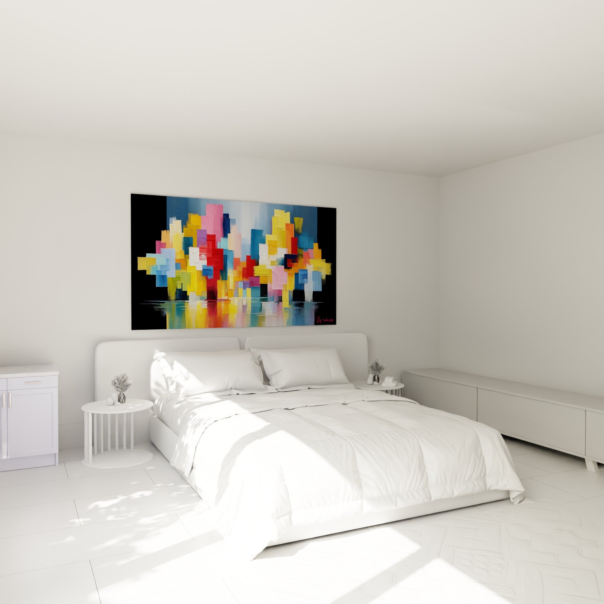 Blocs colorés jaune et rouge évoquant une ville, au-dessus d'un lit dans une chambre claire