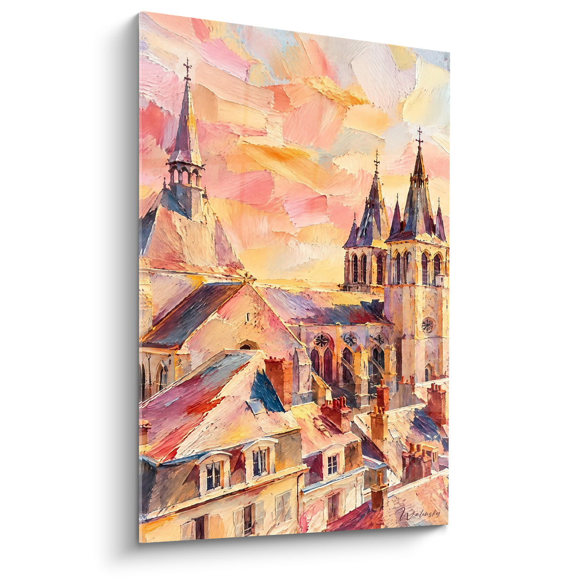 Cuadro catedral gótica pintada en toques rosas, dorados y azul pizarra, agujas esbeltas bajo un cielo flamígero
