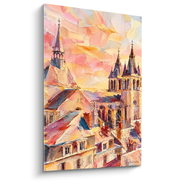 Tableau Cathédrale aux clochers roses et dorés - Crépuscule sur les toits - Edition Blois Centre-Val de Loire France