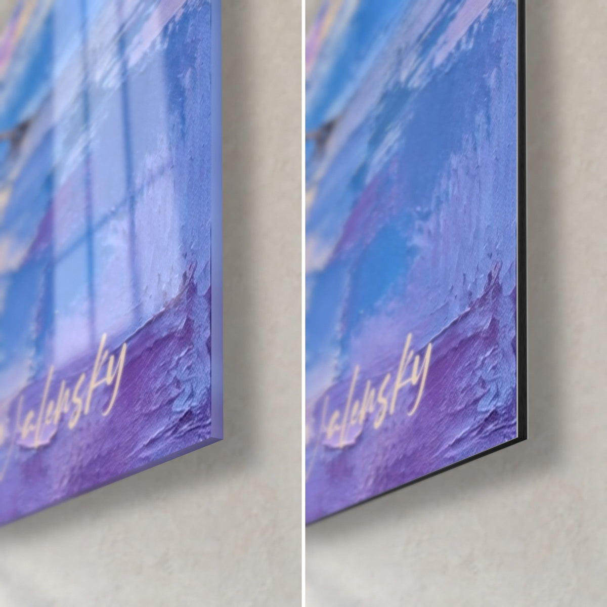 Tableau Loire en empâtements bleu lavande et rose, coin bas droit : verre acrylique brillant et alu Dibond mat, tranche de 3 mm