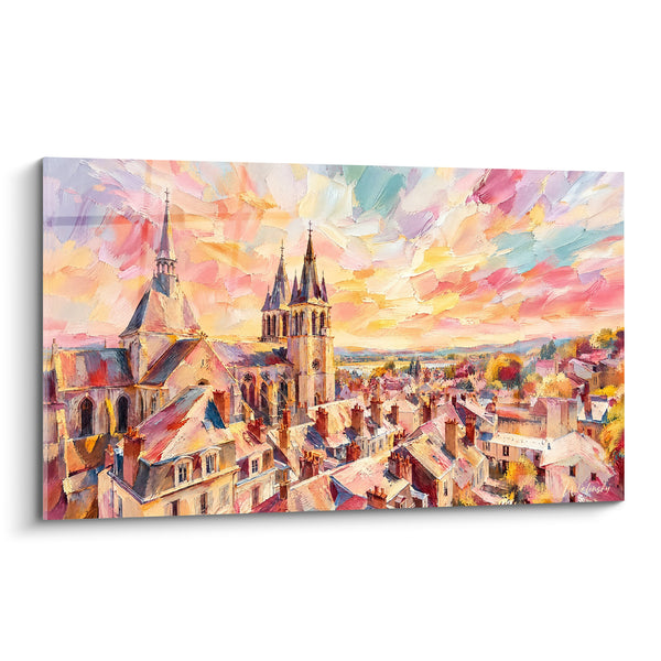 Tableau Église gothique rose et doré sur toits - Lueurs du crépuscule - Edition Blois Centre-Val de Loire France