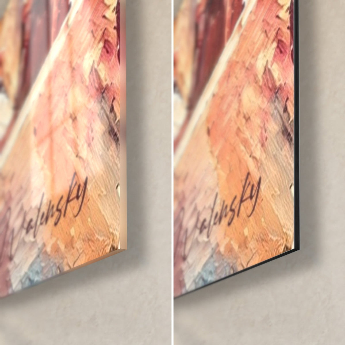 Cuadro iglesia con campanarios rosas y dorados pintada con espátula, esquina inferior derecha: vidrio acrílico brillante y aluminio Dibond mate, grosor 3 mm