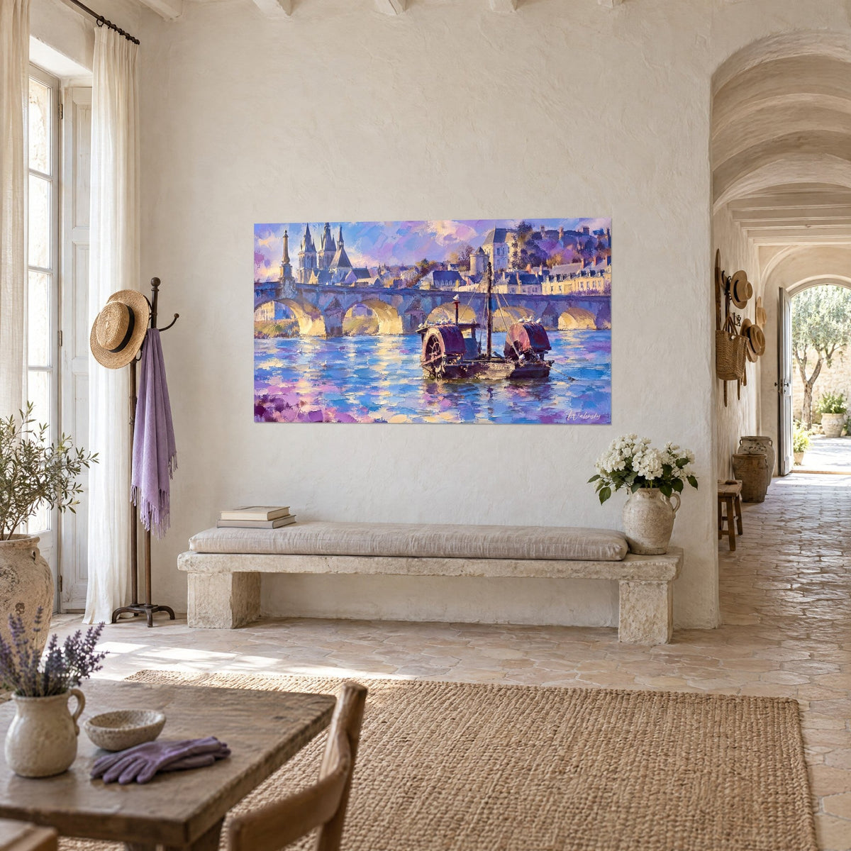 Tableau Blois peint à l'huile, flèches gothiques violettes et façades jaunes sur un fleuve indigo, vue de trois-quarts, mas provençal