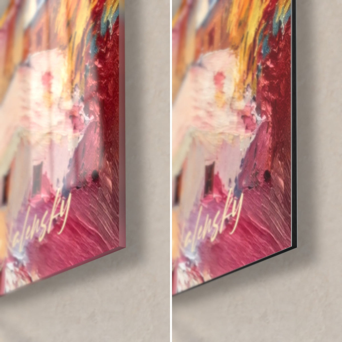 Quadro di una chiesa gotica, angolo in basso a destra in vetro lucido con riflessi e alluminio Dibond opaco, bordo nero da 3 mm, rosa e oro